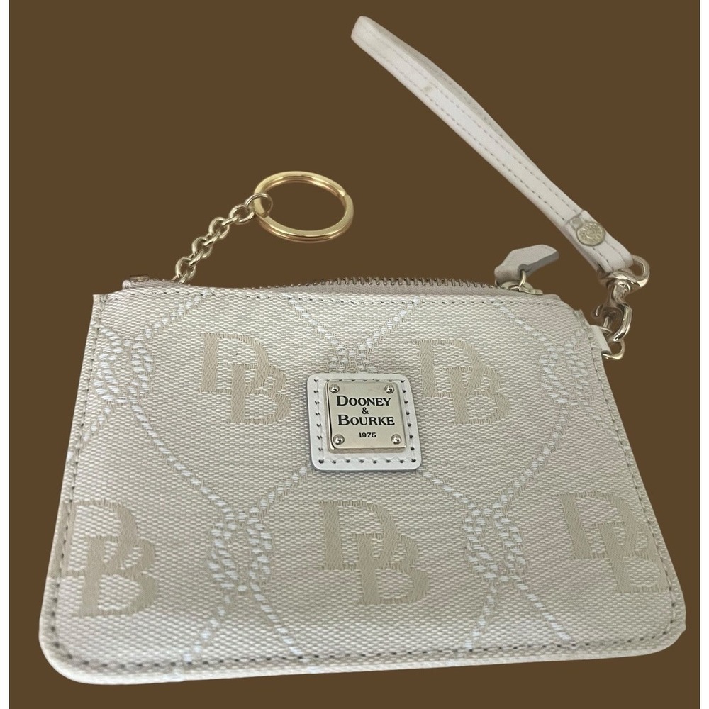 Dooney & Bourke Wristlet Keyring Card Pouch Beige Monogram Jacquard Gold Accent